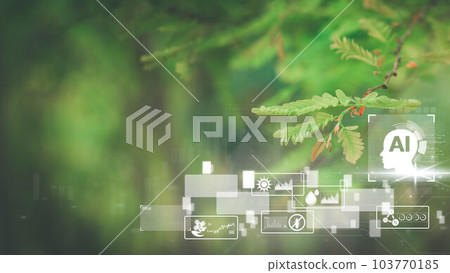 Blured green leave background and Smart technology with Internet of things futuristic agriculture concept, Sustainable energy, Metaverse, AI Futuristic Smart virtual interface. 103770185