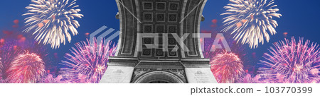 Celebratory colorful fireworks over the Arc de Triomphe, Paris, France 103770399