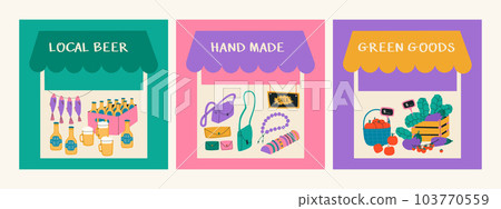 Set of illustrations of local market. Home food fair. Vegetables and fruits, craft beer, leather -haired and jewelry. Tent for trading in the market. Set of illustrations of local market. Home food fair. Vegetables and fruits, craft beer, leather -haired and jewelry. Tent for trading in the market. 103770559