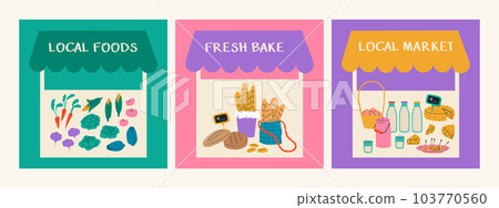Set of illustrations of the local market. Fair of homemade products. Vegetables and fruits, fresh baked goods, dairy and eggs. Tents for trade in the market. 103770560