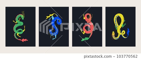 Set of Asian and Chinese mythological characters - dragons. Multicolored decorative illustrations on a black background. 103770562