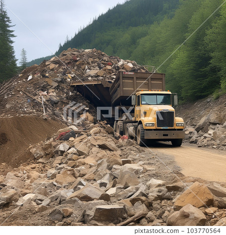 Dump truck unloads construction debris, stones, concrete, truck work close-up, 103770564