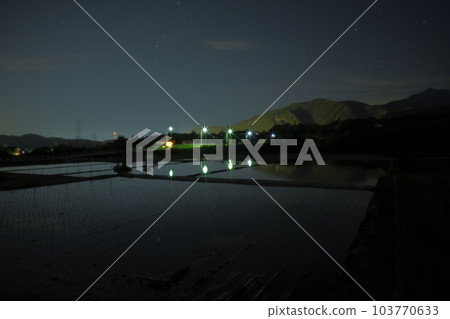 北斗市竹川町舞鶴橋上閃耀著紅色光芒的心宿二和倒映著星空的稻田 103770633