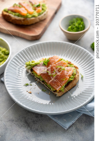 Toasts with salmon, guacamole avocado and herbs. Healthy food Toasts with salmon, guacamole avocado and herbs. Healthy food 103770711
