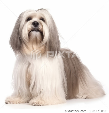 Cute fluffy dog breed Lhasa Apso, isolated on white close-up, lovely pet, very long hair,  103771035