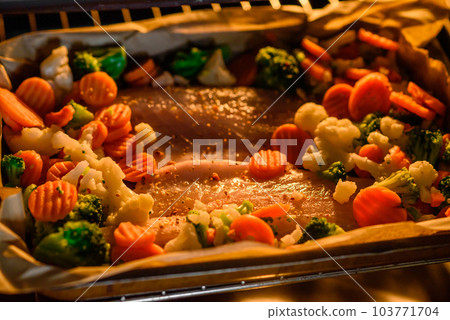 Raw sea bass fish fillet with salt, spices and vegetables in a baking dish Raw sea bass fish fillet with salt, spices and vegetables in a baking dish 103771704