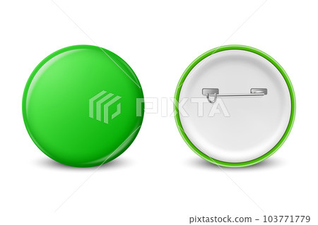 Vector Realistic Green Round Blank Empty Button Badge Set Closeup Isolated on White Background, Front, Back View. Button Pin Badge Design Template. Brooch Pin for Branding, Mockup 103771779