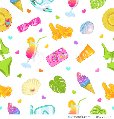 Seamless vector pattern with summer beach accessories in bright colors Seamless vector pattern with summer beach accessories in bright colors 103772098
