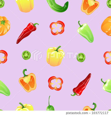Seamless pattern with multicoloured peppers of different types in bright cheerful colours Seamless pattern with multicoloured peppers of different types in bright cheerful colours 103772117