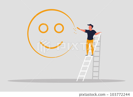 Positive thinking people. Happy and confident people. Optimism in life and life in joy. Happy man paints a smile on the wall. Vector illustration concept 103772244