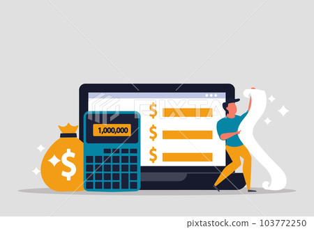Money management systems and payroll to account. Online income and payment on Internet. Date of payment of salaries to employees and business stands near computer and counts money. Vector illustration Money management systems and payroll to account. Online income and payment on Internet. Date of payment of salaries to employees and business stands near computer and counts money. Vector illustration 103772250