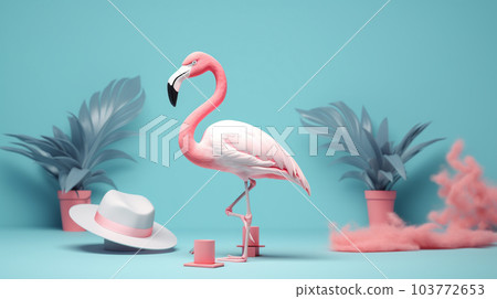 Generative Ai Illustration. Tropical background with pink flamingo. 103772653