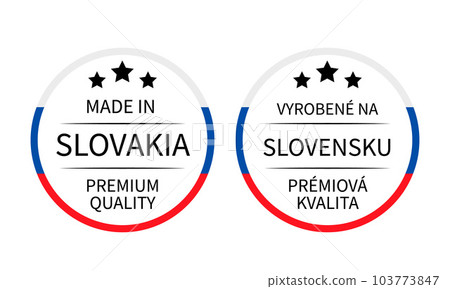Made in Slovakia round labels in English and in Slovak languages. Quality mark vector icon. Perfect for logo design, tags, badges, stickers, emblem, product package, etc Made in Slovakia round labels in English and in Slovak languages. Quality mark vector icon. Perfect for logo design, tags, badges, stickers, emblem, product package, etc 103773847