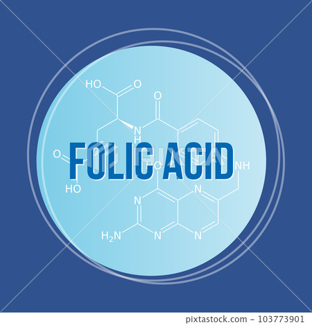 Folic acid round icon with formula, blue background Folic acid round icon with formula, blue background 103773901