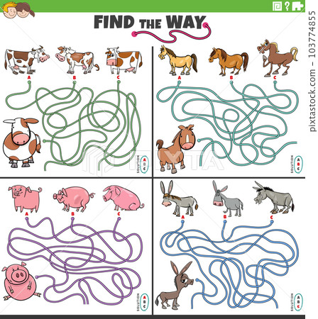 find the way maze games set with cartoon farm animals 103774855