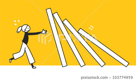 A woman who is in a hurry to collapse the dominoes that she tried hard to connect 103774959