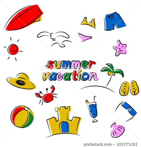 Line drawing illustration set of items used for sea bathing Line drawing illustration set of items used for sea bathing 103775281