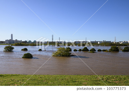 2019 East Japan Typhoon, on the verge of flooding, muddy Arakawa 2019 East Japan Typhoon, on the verge of flooding, muddy Arakawa 103775373