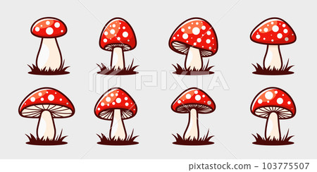 Vector Flat Mushroom Icon Set Isolated. Amanita Muscaria, Fly Agaric Sign, Mushrooms Collection. Magic Mushroom Symbol, Design Template. Vector illustration 103775507