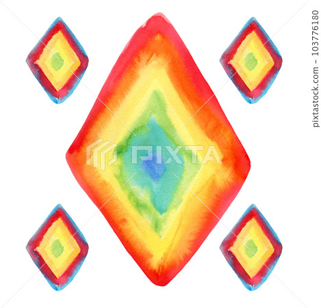 Cute bright hand drawn watercolor rainbow colors rhombus. Beautiful red, yellow, blue rainbows rhomb ornament for kids textile, wrapping paper, wallpaper, surface design, background 103776180