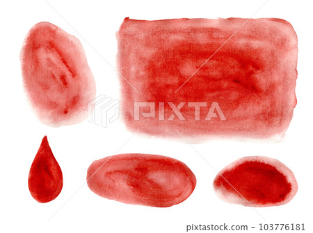 Set of bright textured deep red watercolor stains and drop. Vibrant maroon gradient watercolour blobs for decoration, poster, banner, greeting cards design, menstrual periods concept 103776181