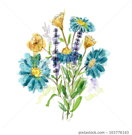 Delicate floral watercolor bouquet with blue and yellow daisy flowers. Abstract expressive ink and watercolour flowers composition for invitation, wedding, greeting cards design, sticker 103776183