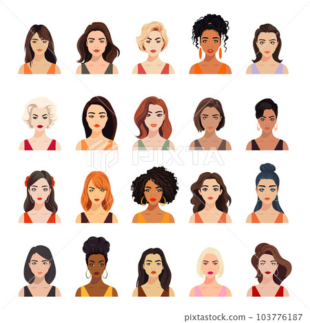 Vector Woman Avatar Set. Beautiful Young Girls Portrait Collection, Different Hairstyle. Female Expressing, Emotions, Different Nationalities. Cartoon Multiethnic Society in Flat Style. Front View 103776187