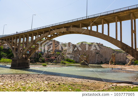 Turkey Hasankeyf townscape before submergence and Hasankeyf Bridge over the Tigris River Turkey Hasankeyf townscape before submergence and Hasankeyf Bridge over the Tigris River 103777005