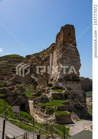 Hasankeyf Castle and cave dwellings in Hasankeyf before submersion in Turkey 103777072