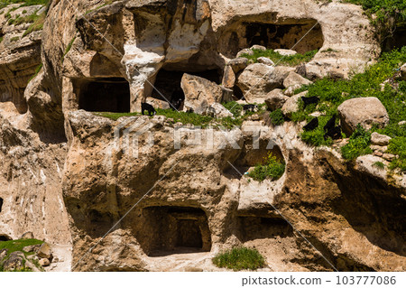 Hasankeyf Castle and cave dwellings in Hasankeyf before submersion in Turkey 103777086