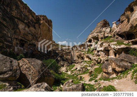 Hasankeyf Castle and cave dwellings in Hasankeyf before submersion in Turkey 103777091