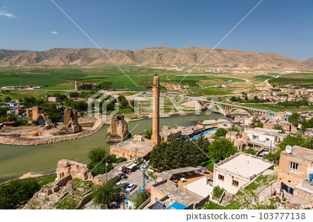 Turkey Cityscape from Hasankeyf Castle, El Rudzuq Camii and Tigris River 103777138