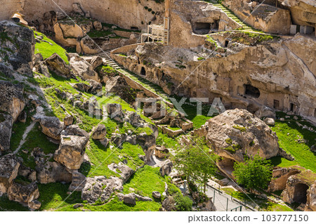 Hasankeyf Castle and cave dwellings in Hasankeyf before submersion in Turkey 103777150