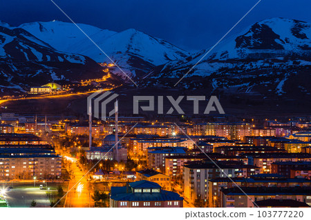 Turkey Night view from Erzurum hill and Mt.Palandken covered with snow 103777220