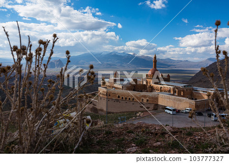 Turkey Isaac Pasha's Palace on the hillside and the city of Dogubeyazit and the mountains beyond Turkey Isaac Pasha's Palace on the hillside and the city of Dogubeyazit and the mountains beyond 103777327
