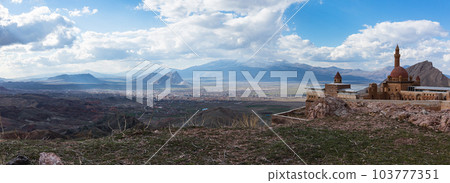 Turkey Isaac Pasha's Palace on the hillside and the city of Dogubeyazit and the mountains beyond Turkey Isaac Pasha's Palace on the hillside and the city of Dogubeyazit and the mountains beyond 103777351