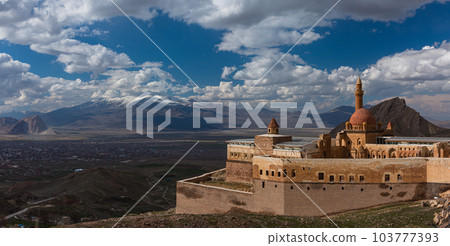 Turkey Isaac Pasha's Palace on the hillside and the city of Dogubeyazit and the mountains beyond Turkey Isaac Pasha's Palace on the hillside and the city of Dogubeyazit and the mountains beyond 103777393