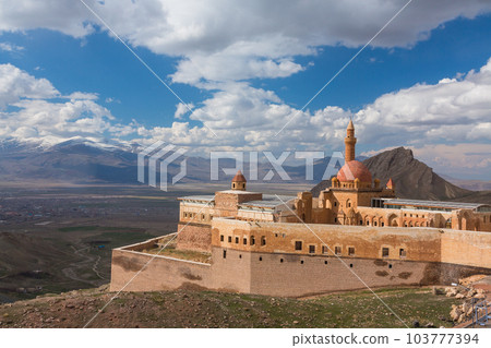 Turkey Isaac Pasha's Palace on the hillside and the city of Dogubeyazit and the mountains beyond Turkey Isaac Pasha's Palace on the hillside and the city of Dogubeyazit and the mountains beyond 103777394