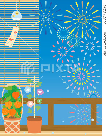 煙花、牽牛花、酸漿、風鈴和百葉窗在夏夜垂直版本中的插圖 103778256