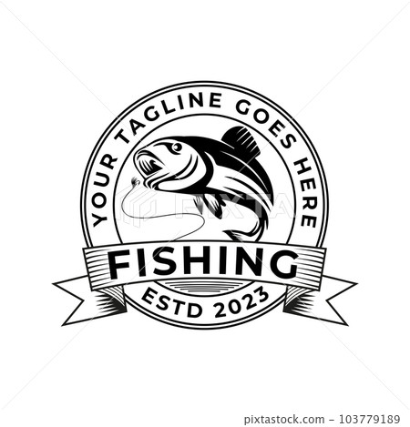 Design can be used for a Swamp Lake Angler logo with a Coiled Bass Big Mouth Fish in vintage retro style design 103779189