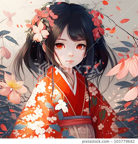 Illustration art of a girl in a red kimono (AI-generated image) 103779682