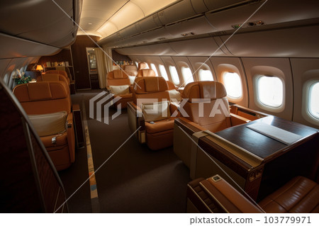 A close-up of a passenger's seat on a plane, with a tray table, entertainment screen, and headphones AI Generative. 103779971