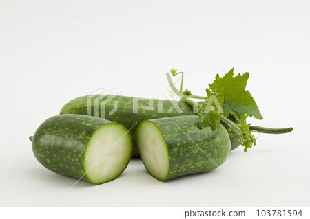 Advertising photo for product with winter melon ingredient - winter melon cut in half and green leaf arranged on a white background. Winter melon is one of the popular foods in daily meals in Vietnam Advertising photo for product with winter melon ingredient - winter melon cut in half and green leaf arranged on a white background. Winter melon is one of the popular foods in daily meals in Vietnam 103781594