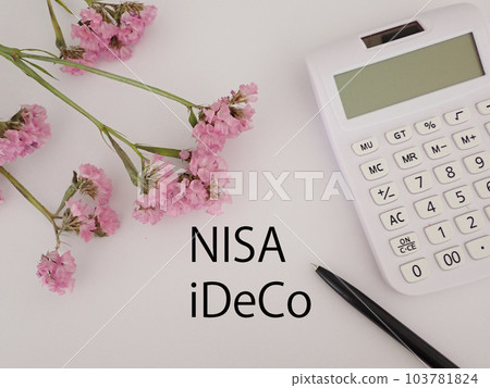 NISA and iDeCo characters, calculator and pen 103781824