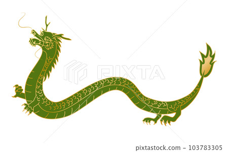 Full-body illustration of a green sideways dragon drawn with gold lines Full-body illustration of a green sideways dragon drawn with gold lines 103783305