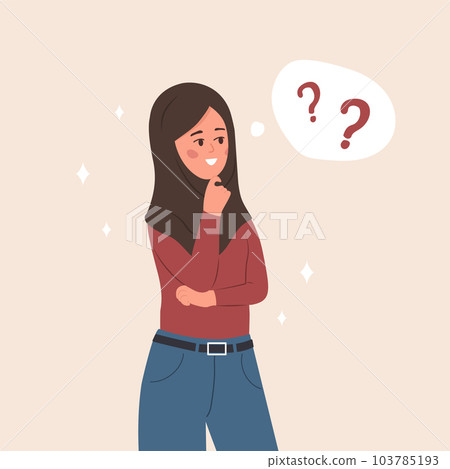 Young islamic woman in doubt. Smart girl having questions. Problem solving. Vector illustration in flat cartoon style 103785193