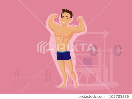 Happy man after exercise and diet loses weight according to arrows Let him achieve his intended goal. vector illustration 103785286