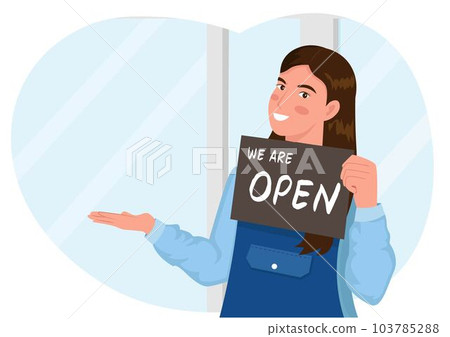Happy female waitress holding open sign while standing at cafe or restaurant door. vector illustration Happy female waitress holding open sign while standing at cafe or restaurant door. vector illustration 103785288