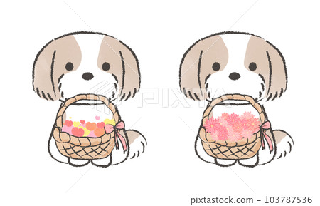 一個簡單的手繪西施犬插圖，一個有心的籃子，一個籃子嘴裡放著花 103787536