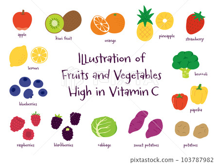 Hand drawn vector illustration set of fruits and vegetables rich in vitamin C Hand drawn vector illustration set of fruits and vegetables rich in vitamin C 103787982